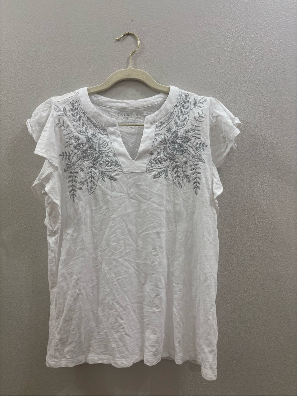 Talbots White Flutter-Sleeve Embroidered Split-Neck